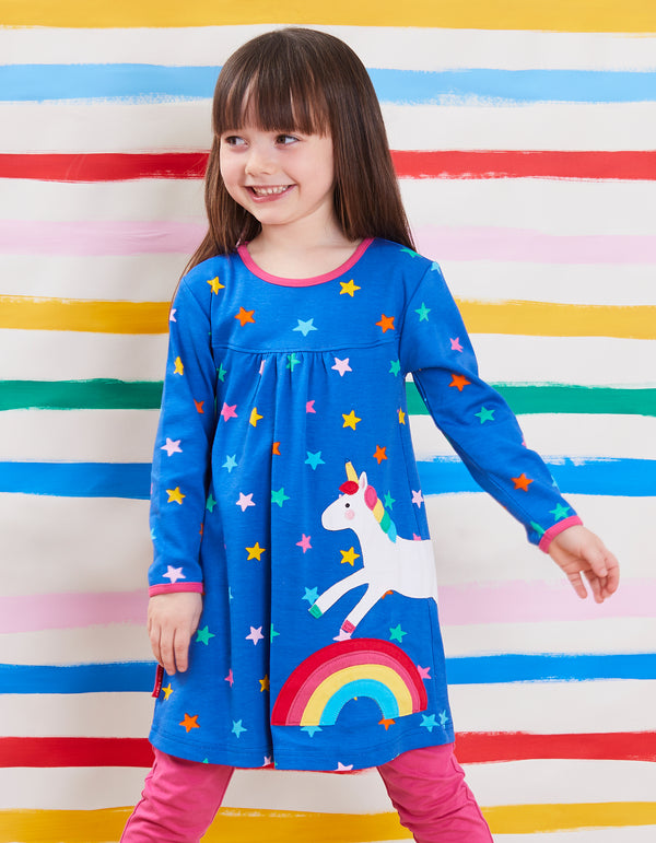 Toby Tiger - LS Tee Shirt Dress - Rainbow Unicorn Applique
